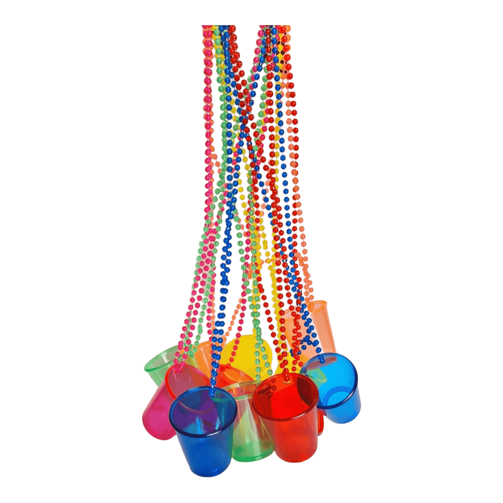 12 collares de perlas con vasos para shots translucidos