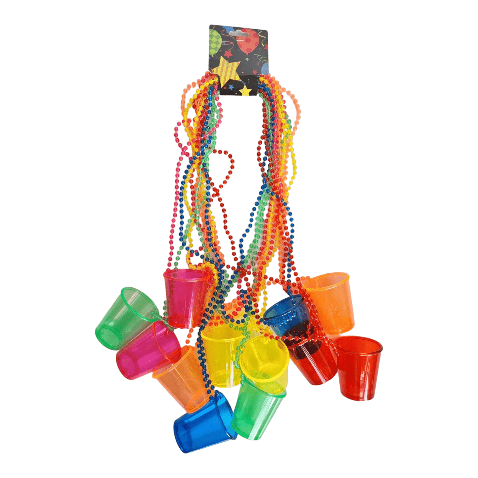 12 collares de perlas con vasos para shots translucidos