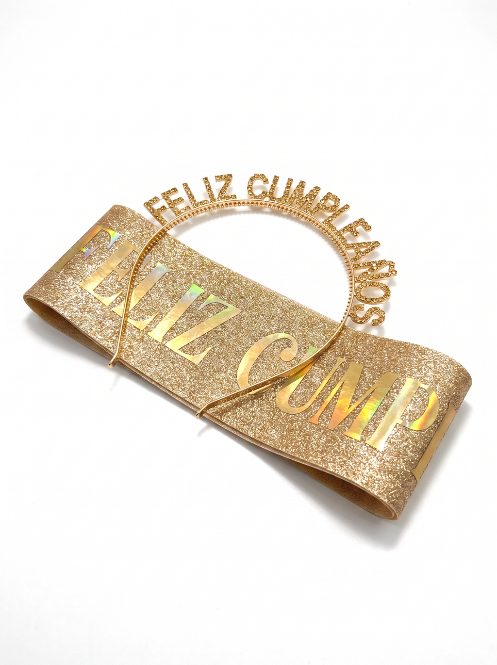 Diadema y banda Feliz Cumpleaños glitter - Dorado