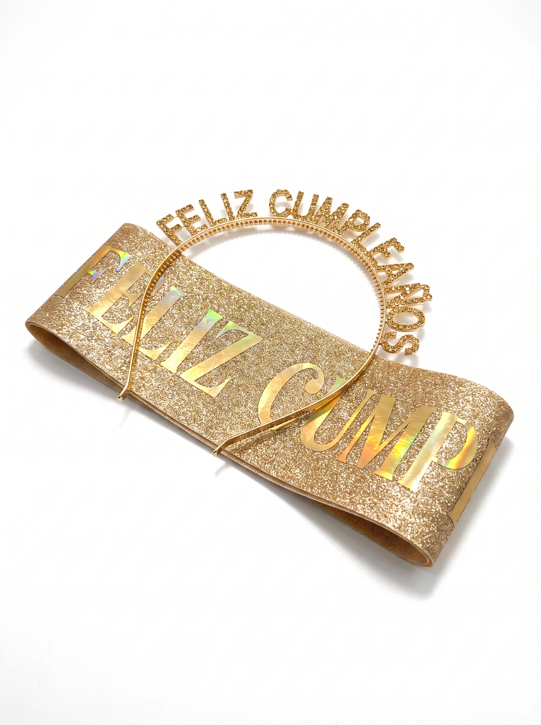 Diadema y banda Feliz Cumpleaños glitter - Dorado