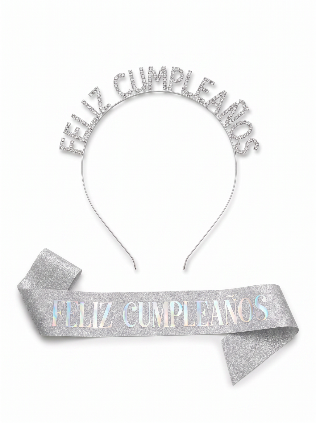 Diadema y banda Feliz Cumpleaños glitter - Plata