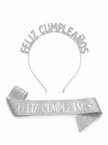 Diadema y banda Feliz Cumpleaños glitter - Plata