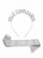 Diadema y banda Feliz Cumpleaños glitter - Plata