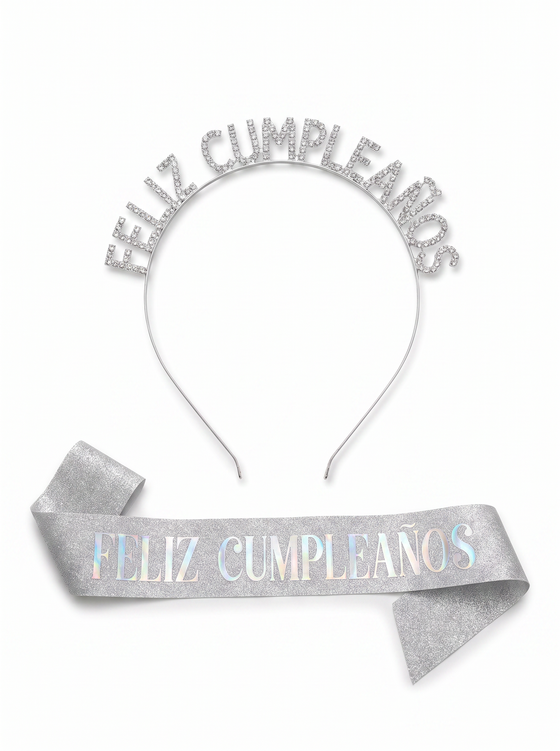 Diadema y banda Feliz Cumpleaños glitter - Plata