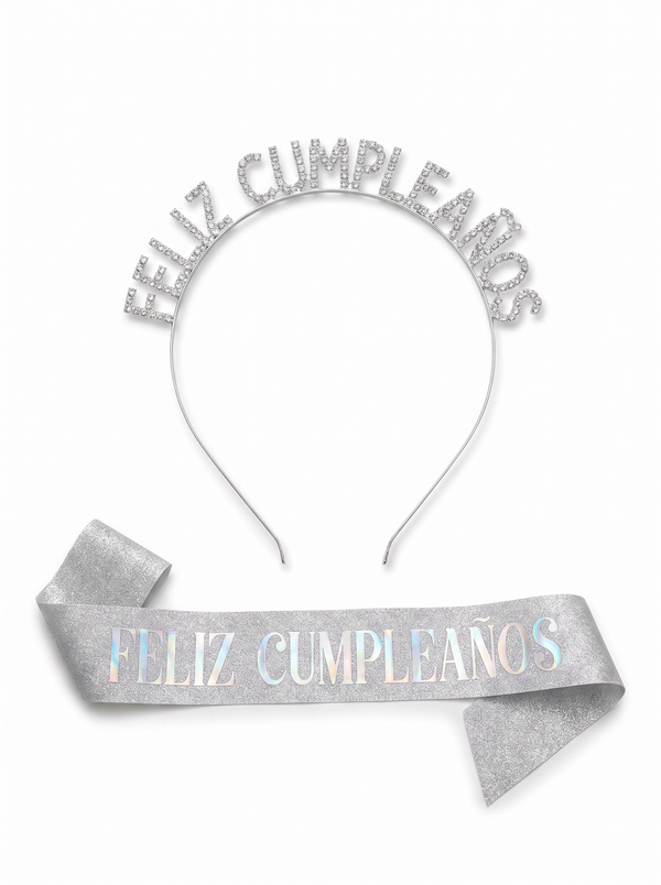 Diadema y banda Feliz Cumpleaños glitter - Plata
