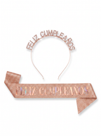 Diadema y banda Feliz Cumpleaños glitter - Oro rosa