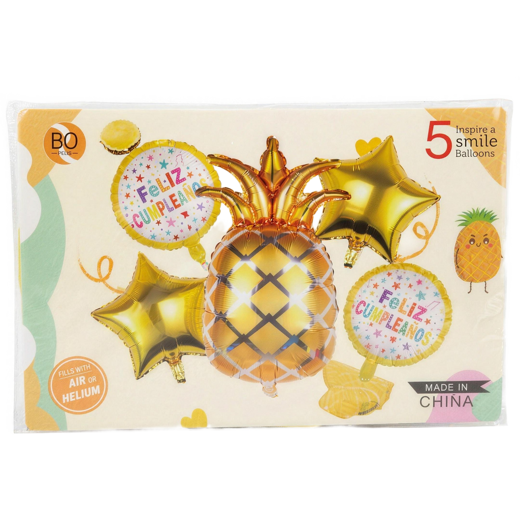 Set de globos piña dorada Feliz Cumpleaños